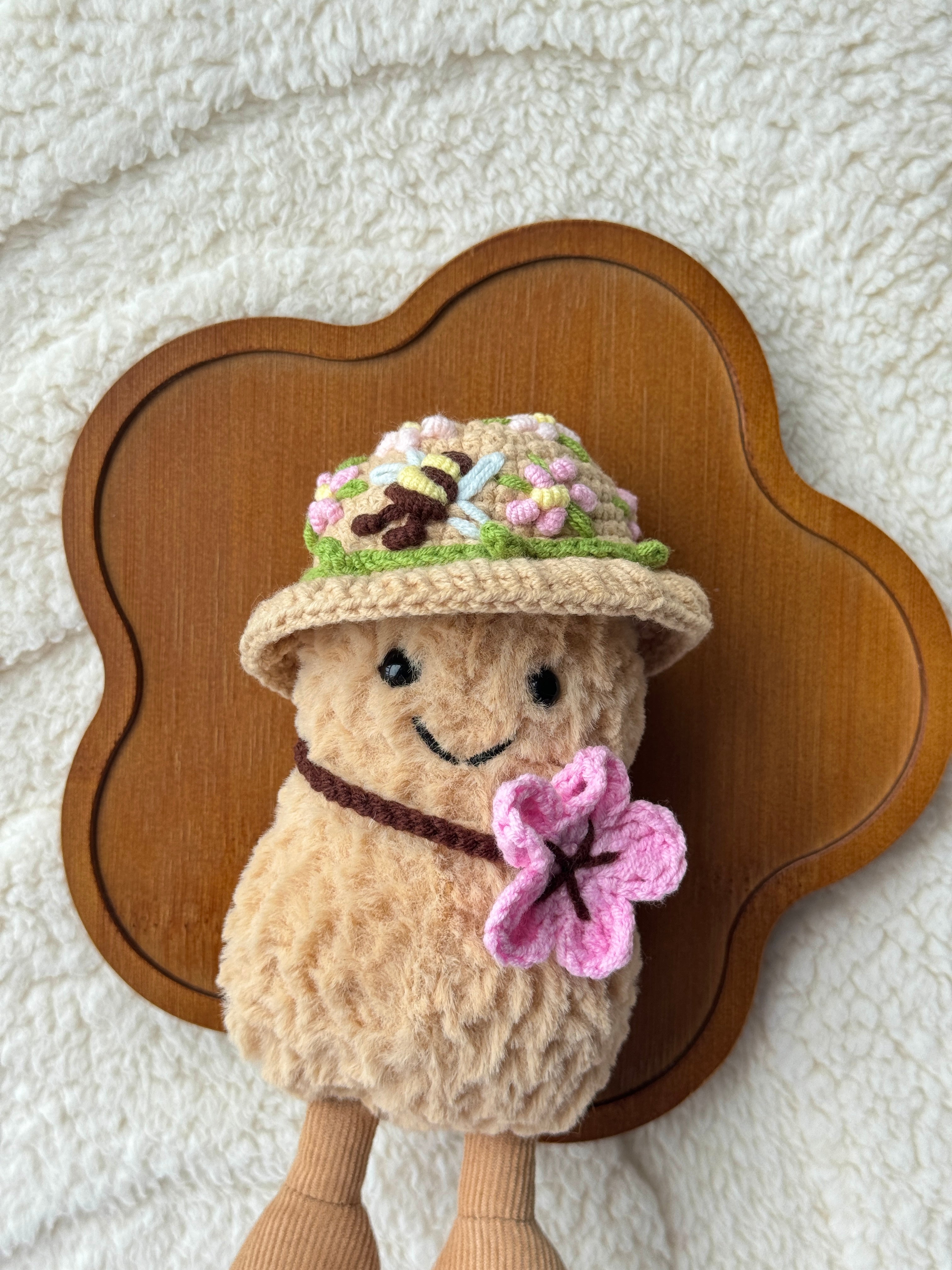 Handmade crochet floral hat & pink flower set for Jellycat
