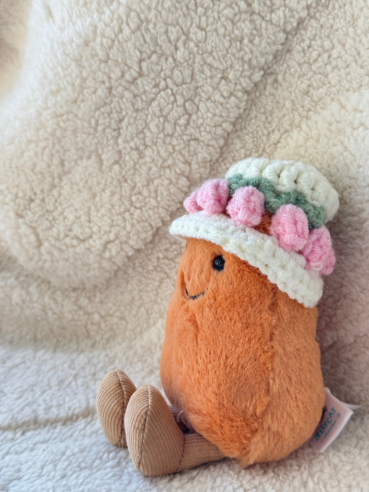 Handmade tulip flower hat for Jellycat Bean plush, inspired by spring gardens, flower markets, and cozy cottagecore styling.