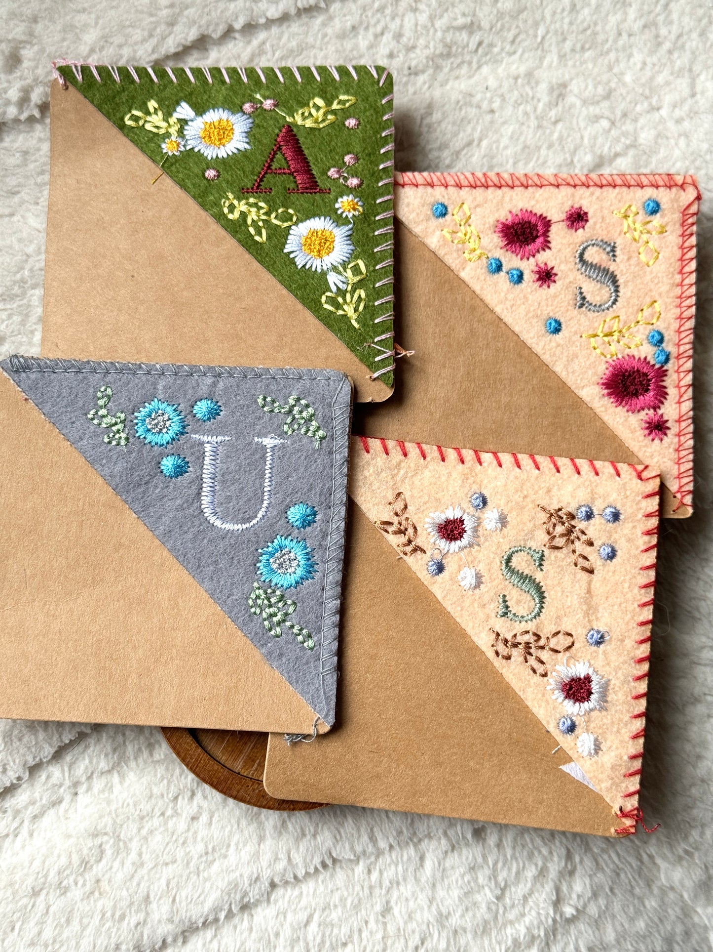 Embroidered Felt Corner Bookmark – Personalized Initial and Floral Design
