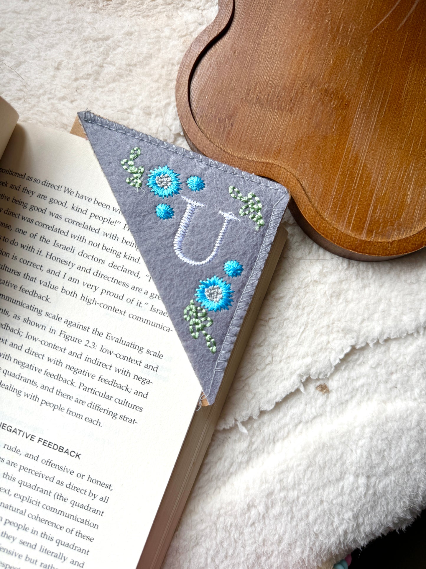 Embroidered Felt Corner Bookmark – Personalized Initial and Floral Design