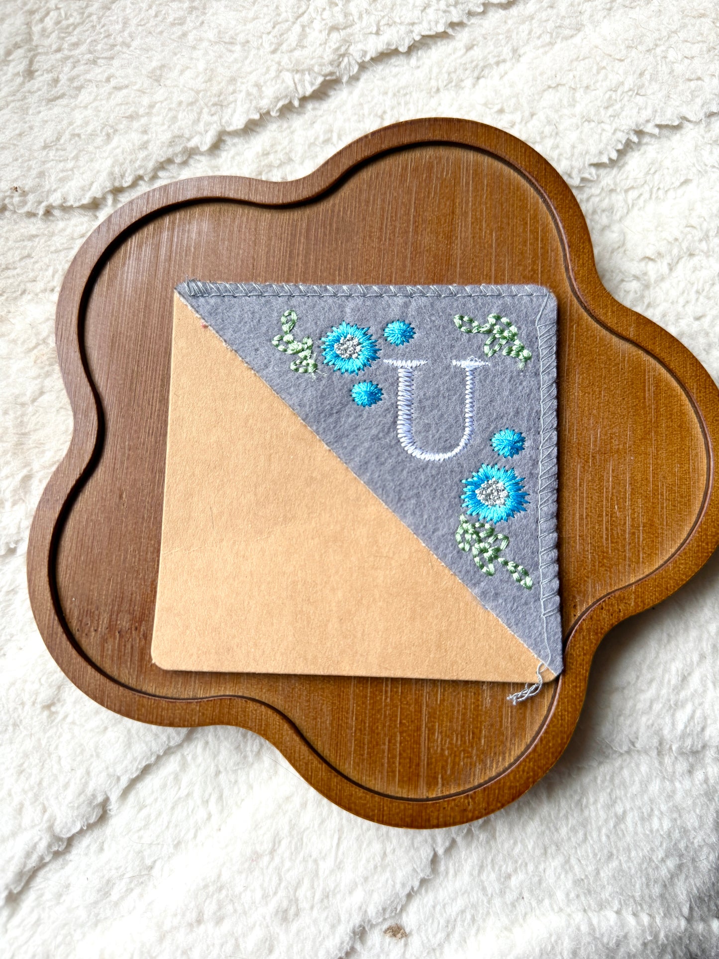 Embroidered Felt Corner Bookmark – Personalized Initial and Floral Design