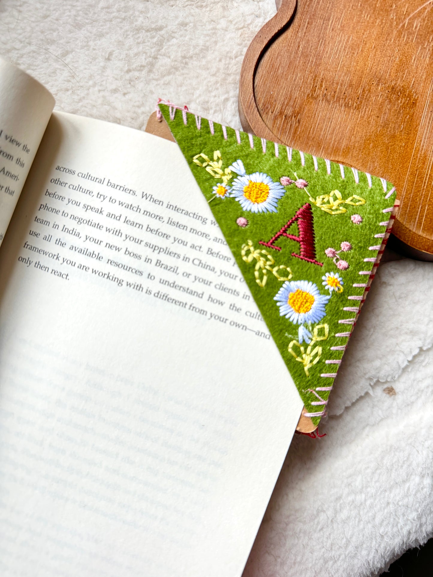 Embroidered Felt Corner Bookmark – Personalized Initial and Floral Design