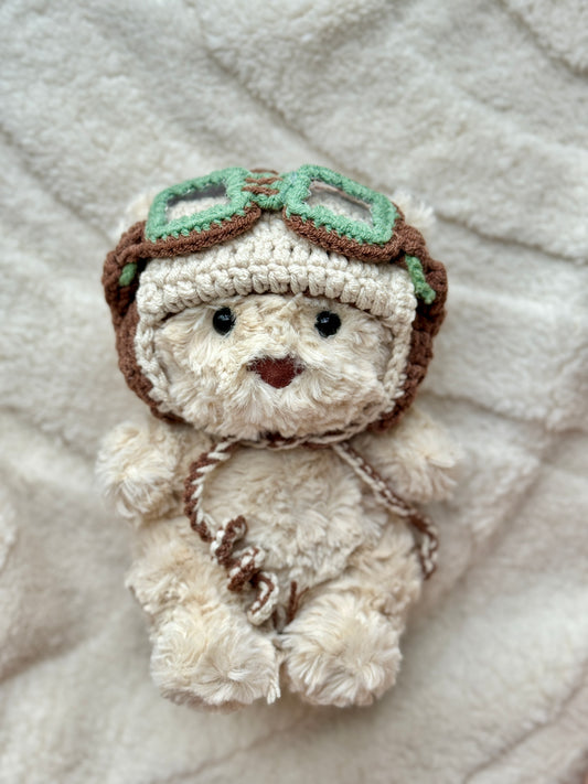 Green Vintage Pilot Bonnet with Goggles | Handmade Crochet Aviator Hat for Jellycat Bart Junior Bear