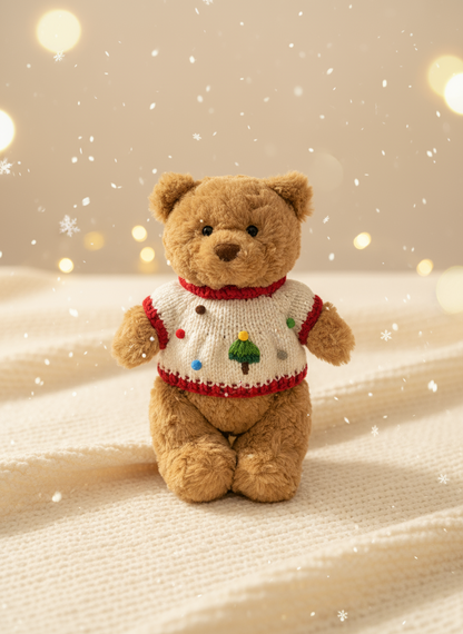 Jellycat Bartholomew bear in handmade Christmas tree jumper with red trim on a cozy, snowy background.