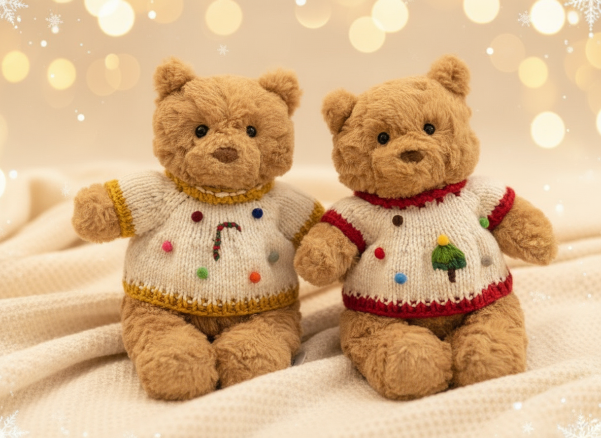 Two Jellycat Bartholomew bears in handmade holiday jumpers: candy cane (gold trim) and Christmas tree (red trim)