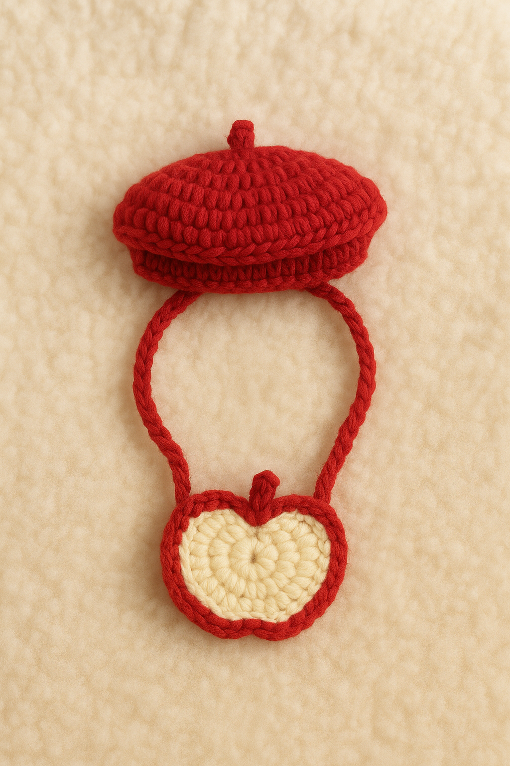 A red crochet beret and an apple-shaped mini bag laid flat on a cream-colored blanket, handmade for plush toys.