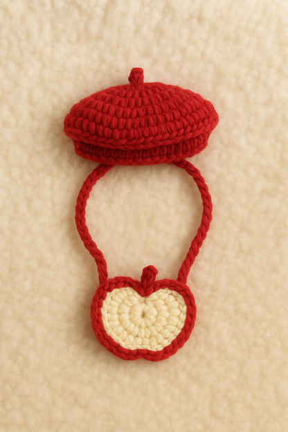 A red crochet beret and an apple-shaped mini bag laid flat on a cream-colored blanket, handmade for plush toys.