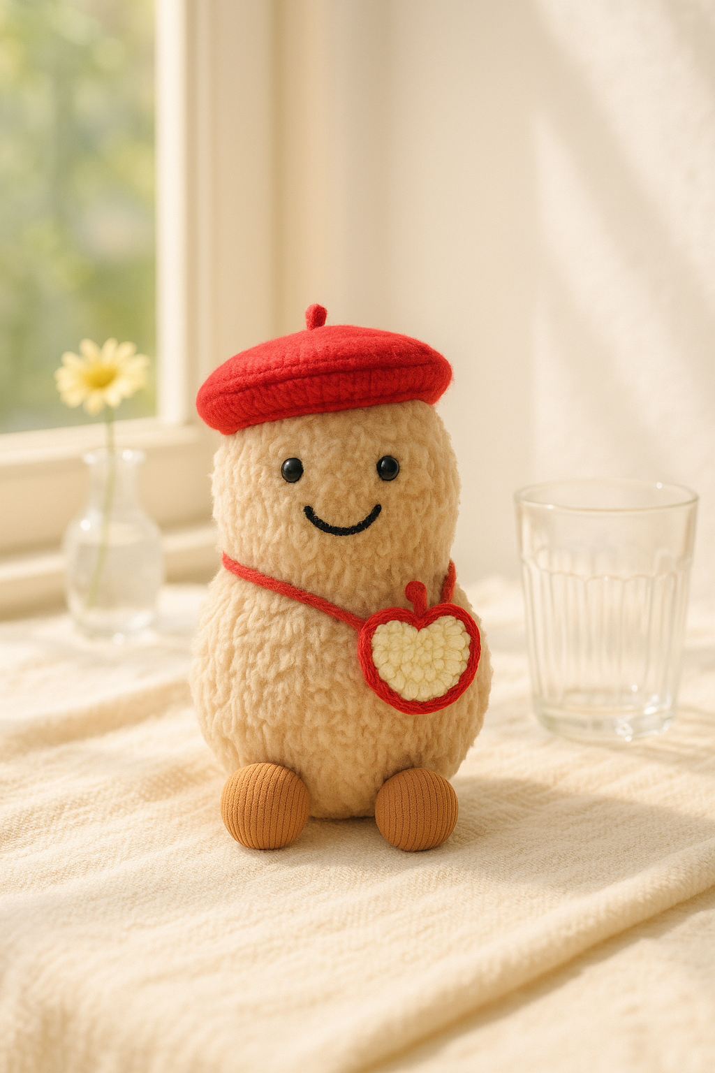 A Jellycat peanut plush dressed in a red crochet outfit, sitting in warm sunlight with a glass cup and yellow flower nearby on a cozy cream fabric.