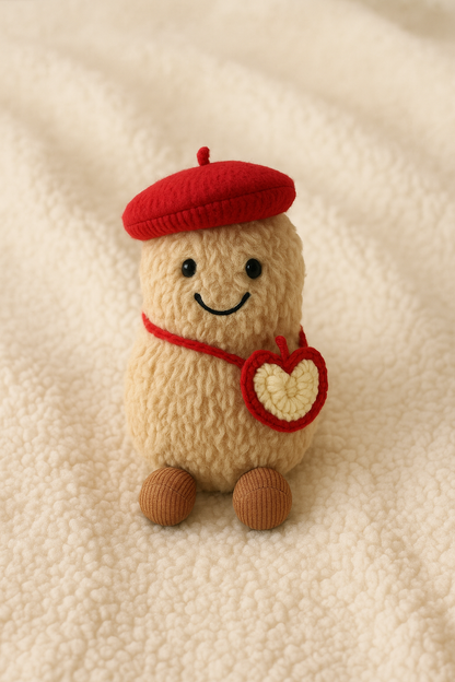 A Jellycat peanut plush dressed in a red crochet outfit, sitting in warm sunlight with a glass cup and yellow flower nearby on a cozy cream fabric.