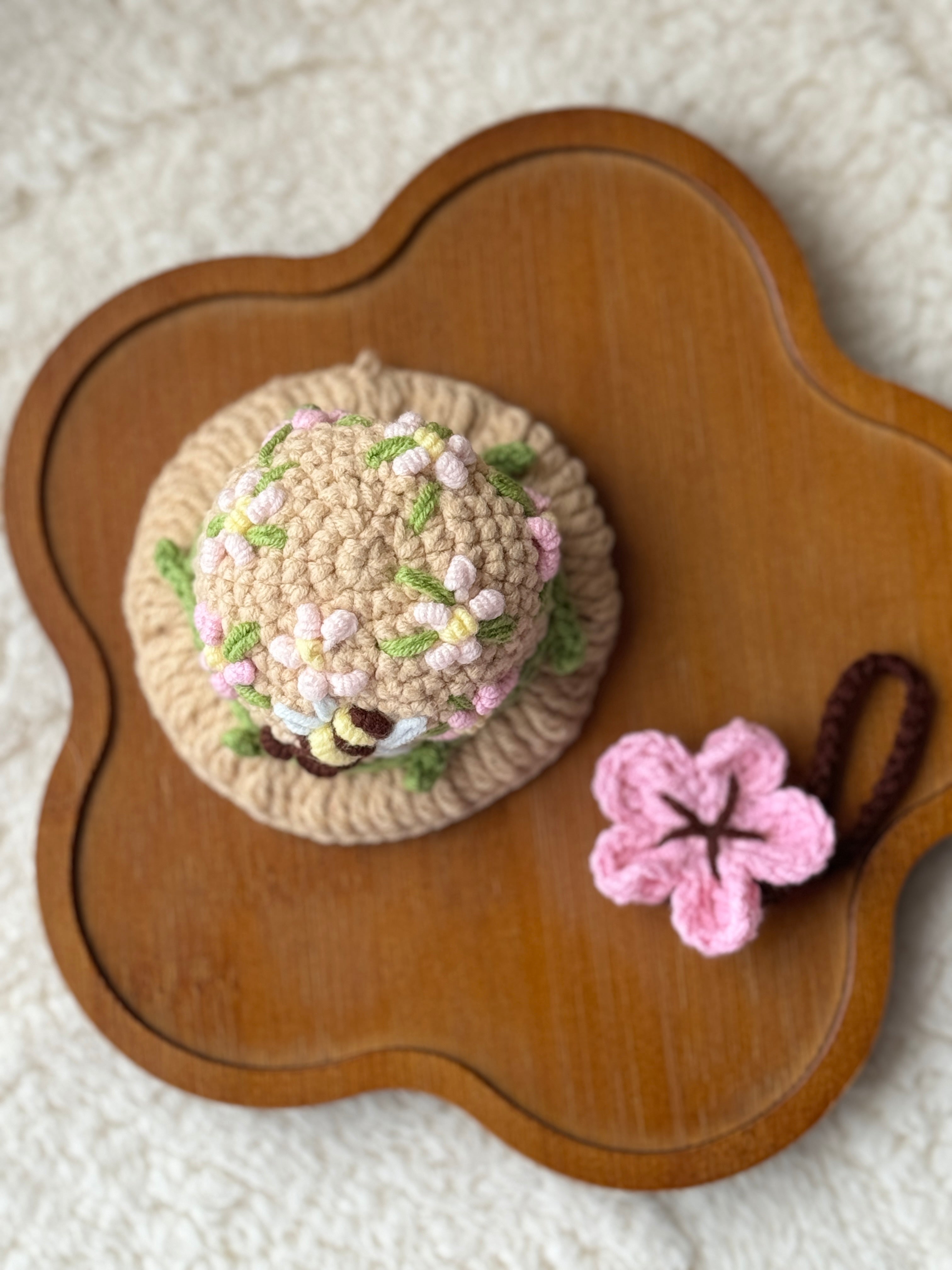 Handmade crochet floral hat & pink flower set for Jellycat