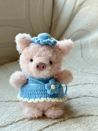 Handmade Crochet Dress and Hat Set for Jellycat Little Series Pig - Blue Flower Design