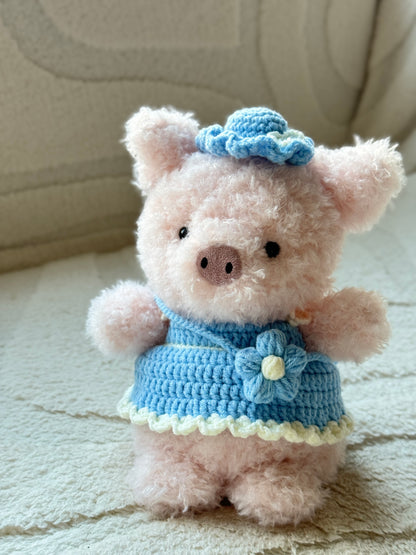 Handmade Crochet Dress and Hat Set for Jellycat Little Series Pig - Blue Flower Design