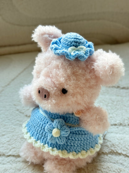 Handmade Crochet Dress and Hat Set for Jellycat Little Series Pig - Blue Flower Design