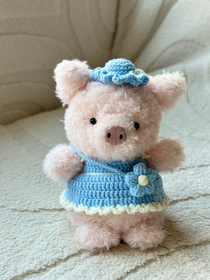 Handmade Crochet Dress and Hat Set for Jellycat Little Series Pig - Blue Flower Design