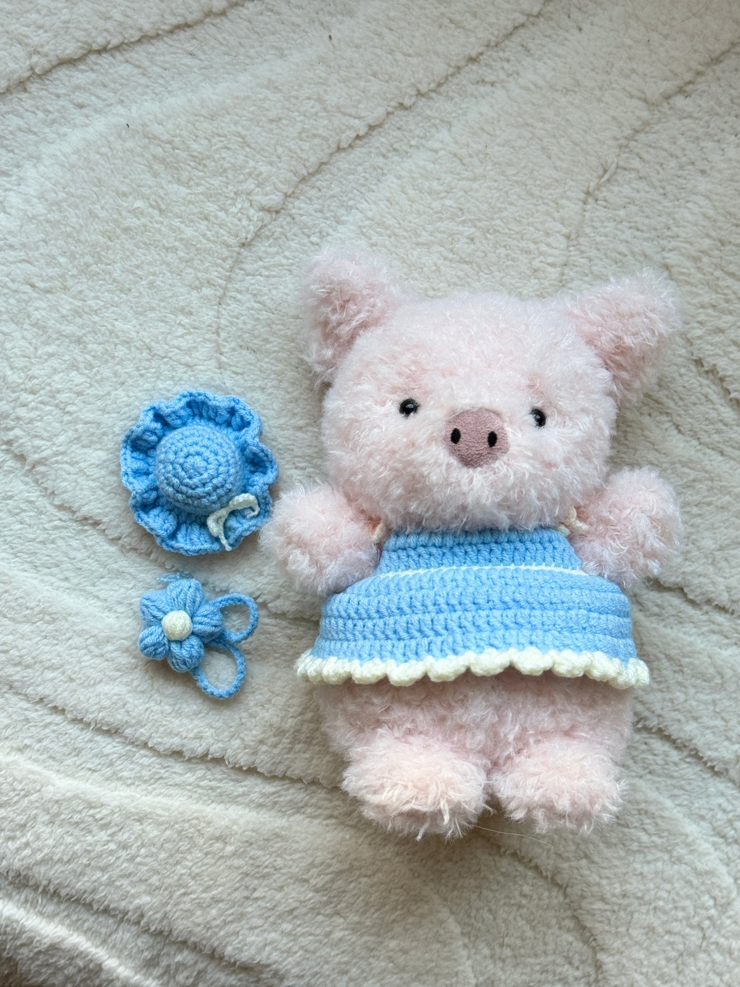 Handmade Crochet Dress and Hat Set for Jellycat Little Series Pig - Blue Flower Design