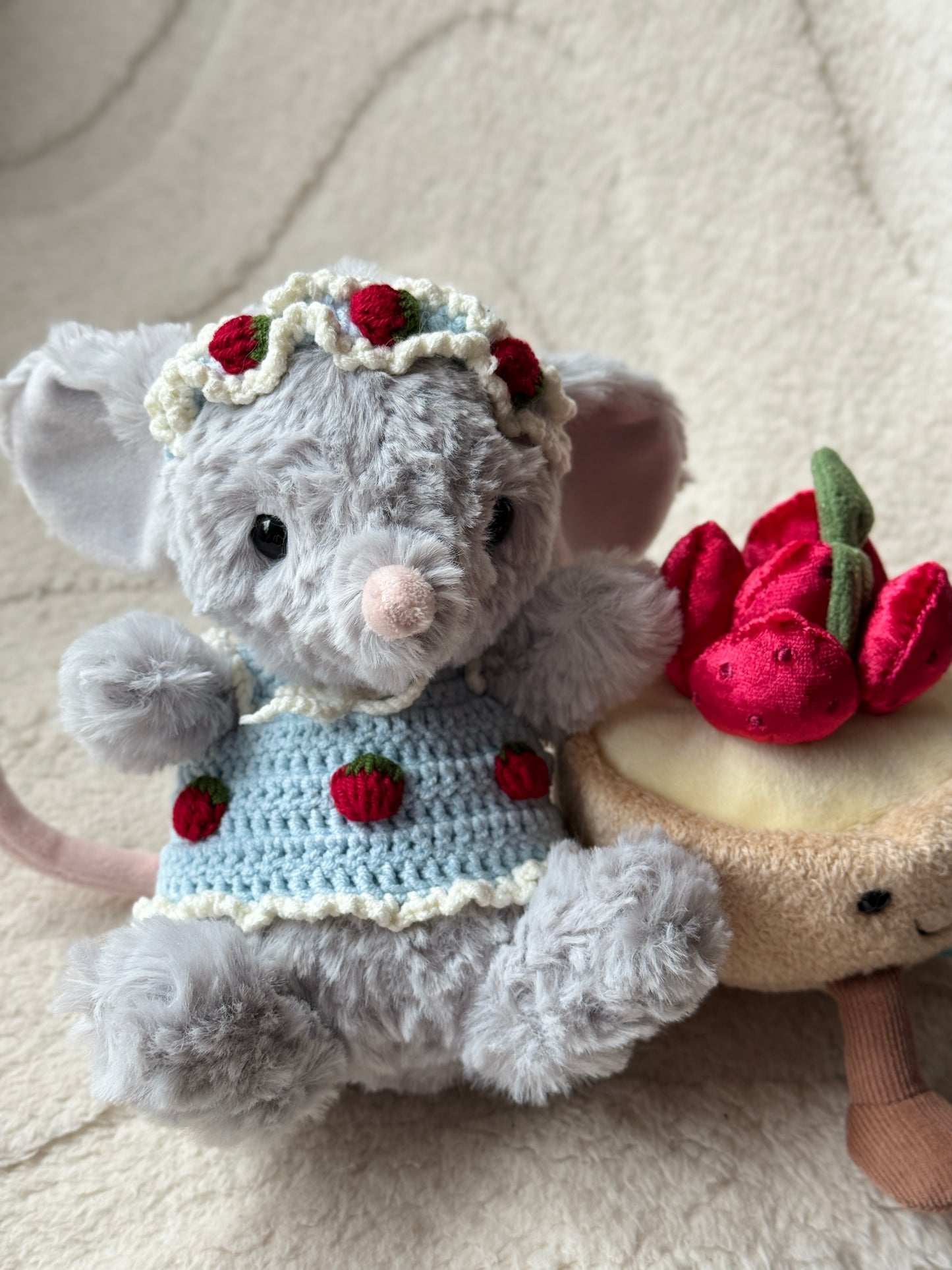 Crochet Strawberry Dress & Headband for Jellycat Yummy Mouse – Cute Cottagecore Outfit