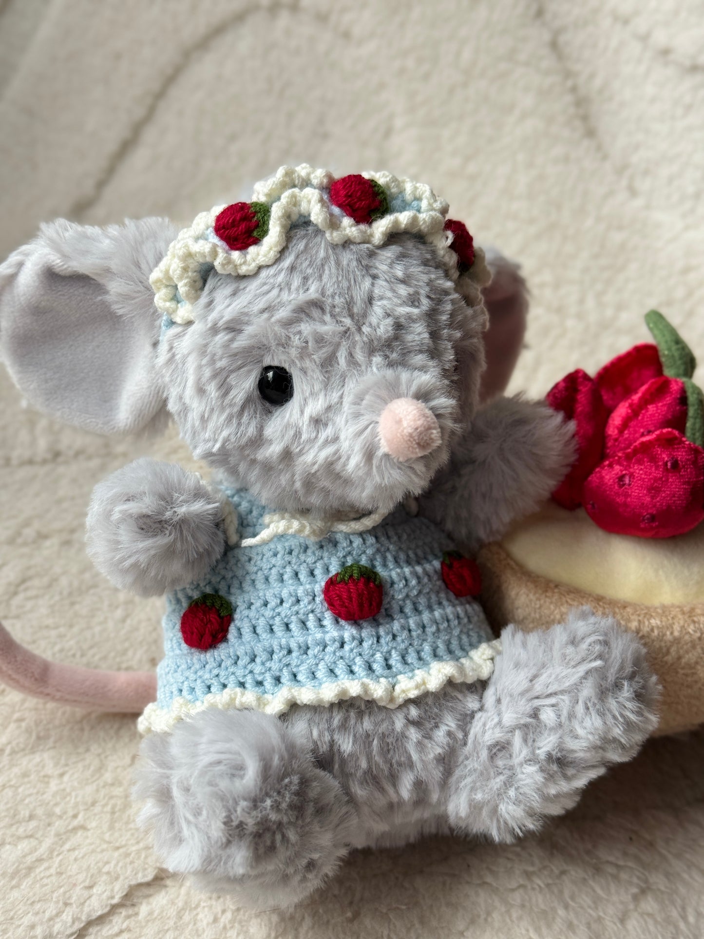 Crochet Strawberry Dress & Headband for Jellycat Yummy Mouse – Cute Cottagecore Outfit