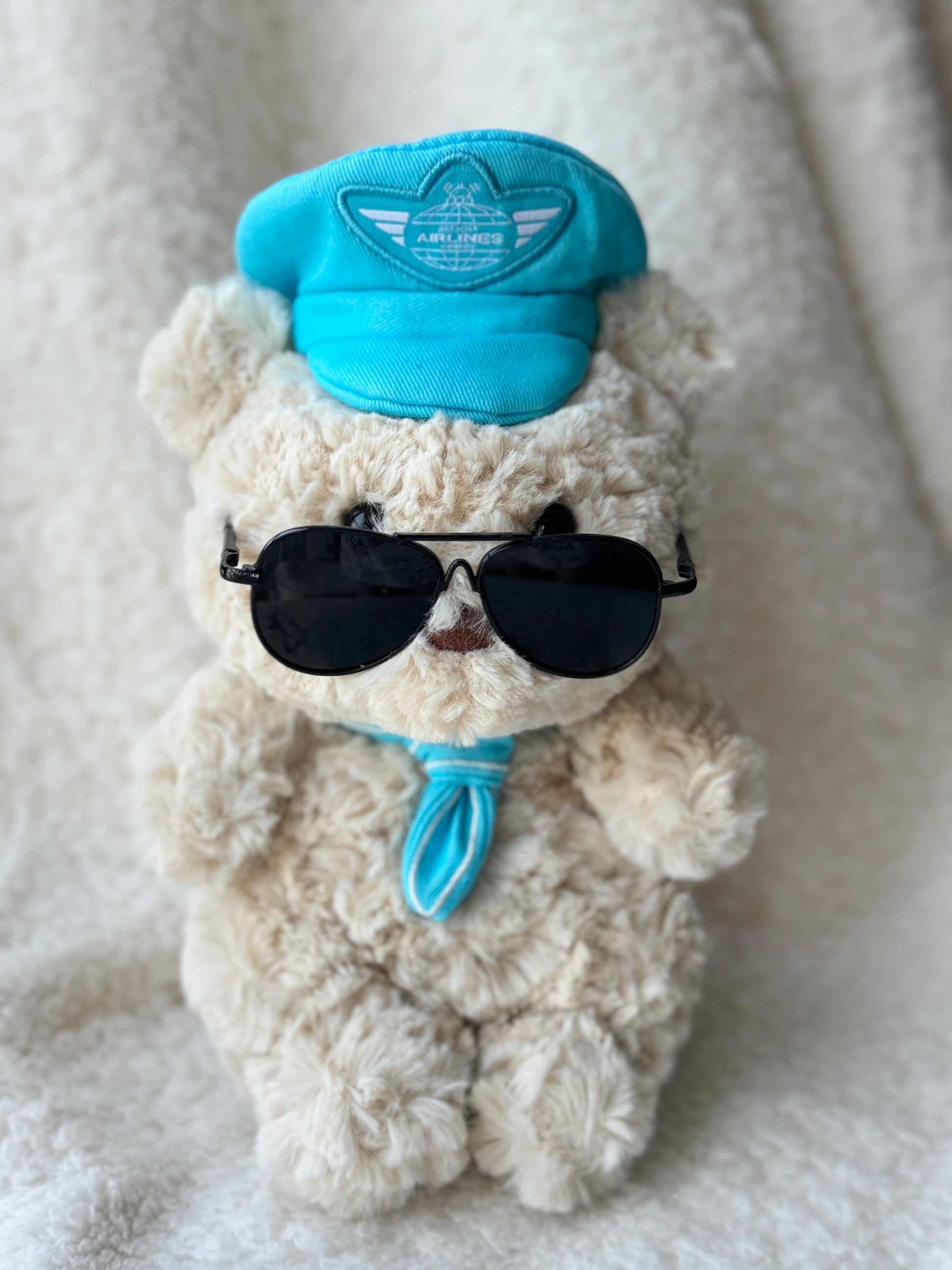 Handmade aviator bonnet with sunglasses for Jellycat Bartholomew Bear