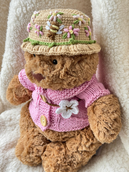 Spring Blossom Crochet Outfit Pink Set for Jellycat Bart Bear – Hat & Floral Accessory