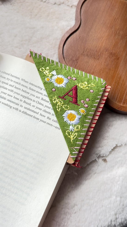 Embroidered Felt Corner Bookmark – Personalized Initial and Floral Design